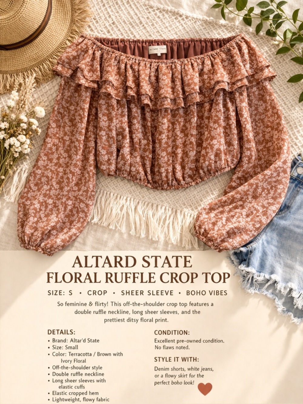 Altar’d State Floral Off Shoulder Crop Top Boho Ruffle Blouse S